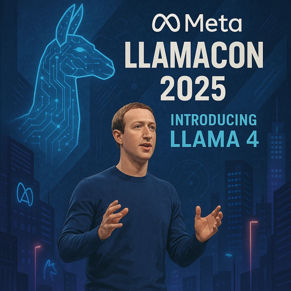 Meta CEO presenting at LlamaCon 2025 with a holographic llama and blue-lit stage