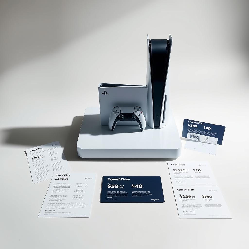A sleek, modern PS5 console prominently displayed on a glossy, minimalist table, surrounded by various leasing options and payment plans laid out in a clean, organized manner. The console is illuminated by soft, directional lighting, casting subtle shadows that add depth and dimension to the scene. The background is a simple, neutral-toned studio backdrop, allowing the focus to remain on the PS5 and the leasing information. The overall mood is one of sophistication, convenience, and accessibility, conveying the idea of making the latest gaming technology accessible through flexible financing options.