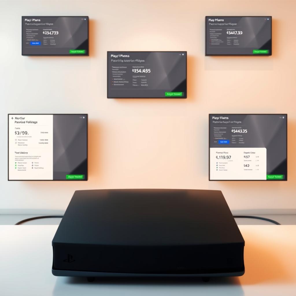A sleek, modern PlayStation 5 console placed prominently in the center of the frame, its smooth, glossy black surface illuminated by warm, diffused lighting. Surrounding it, a collage of various payment plan options and financing details displayed on crisp, minimalist virtual screens, creating a sense of accessible technology and flexible purchasing power. The background is a clean, subtly-textured environment, conveying a professional, business-like atmosphere to highlight the practical, consumer-oriented nature of the scene. The overall composition is balanced, drawing the viewer's eye to the core subject while providing relevant contextual information in a visually striking manner.