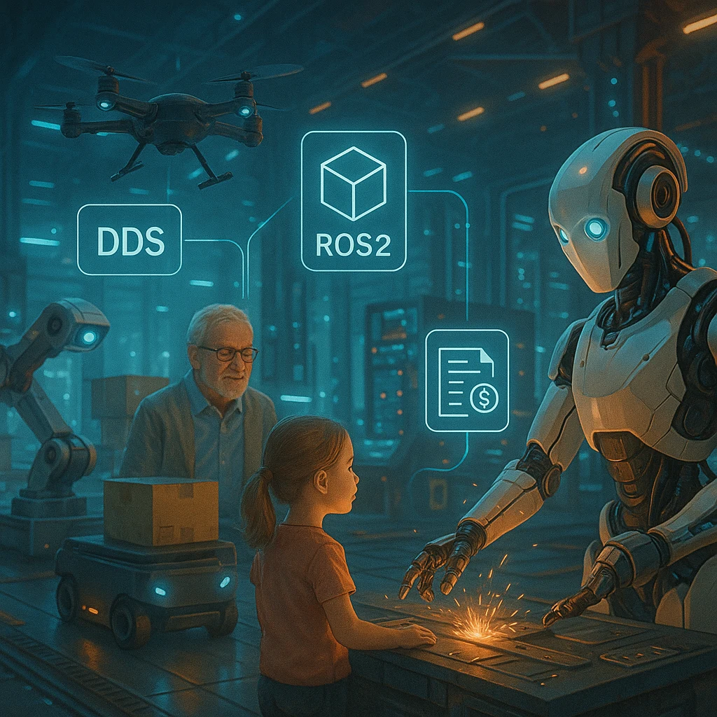Futuristic factory floor with robots communicating via DDS, ROS2, and blockchain systems