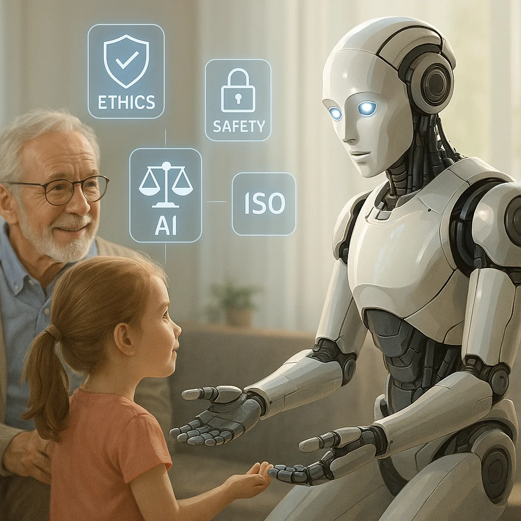 Humanoid robot interacting with a child and elderly man, surrounded by ethics and safety icons