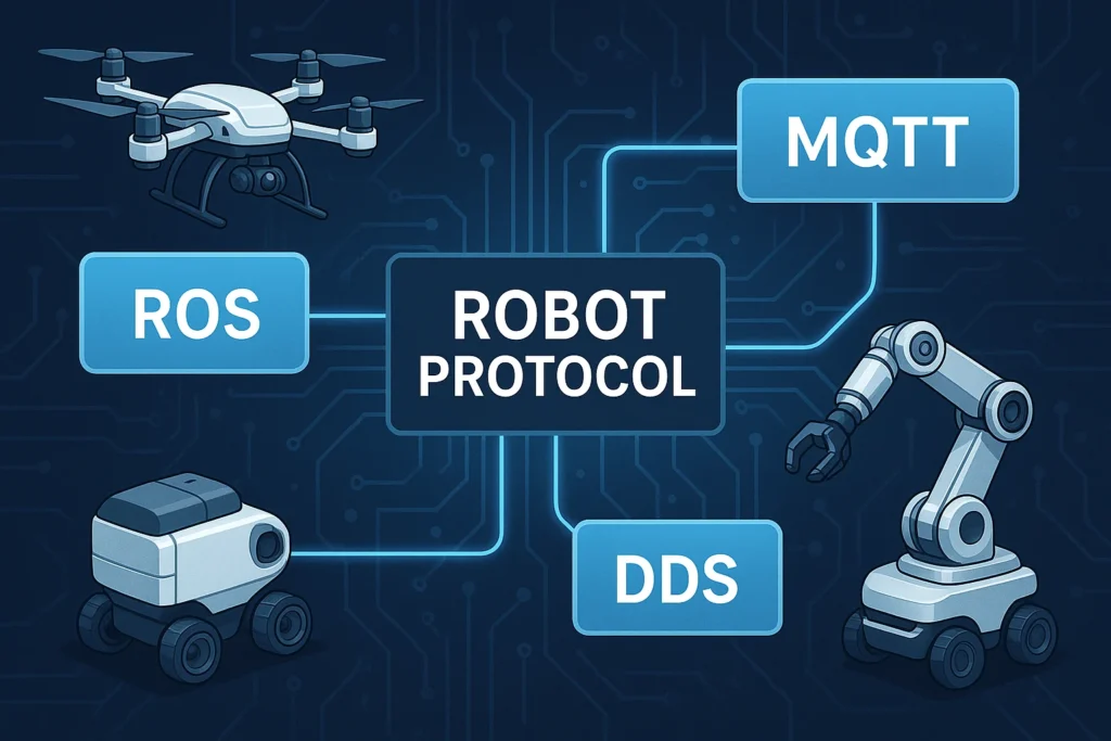 Diagram of a drone, robotic arm, and delivery bot connected via ROS, MQTT, and DDS protocols